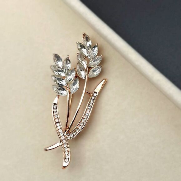 Rose Gold with White Diamond Crystal Wheat Ear Plant Bouquet Pin Back Brooch - Picture 4 of 8